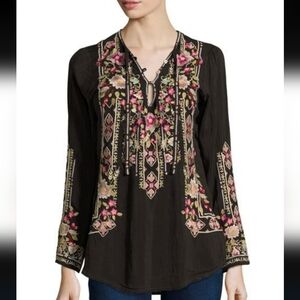 Johnny Was Brown Floral Embroidered Blouse
